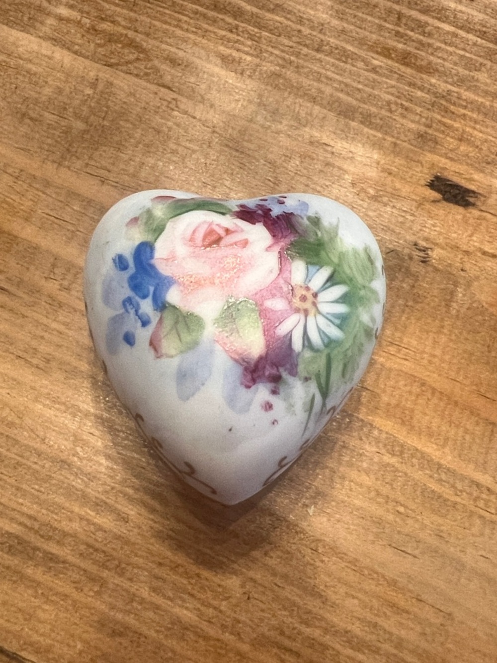 Vintage Heart Trinket Box with Pink Rose and Multicolor Floral Accents